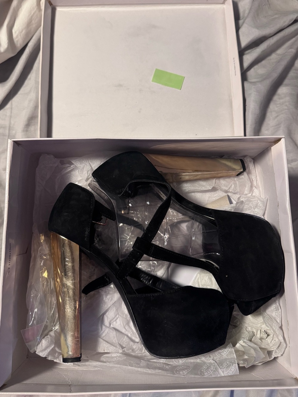 Steve Madden Black Suede Platform Heels with Metallic Gold Block Heel